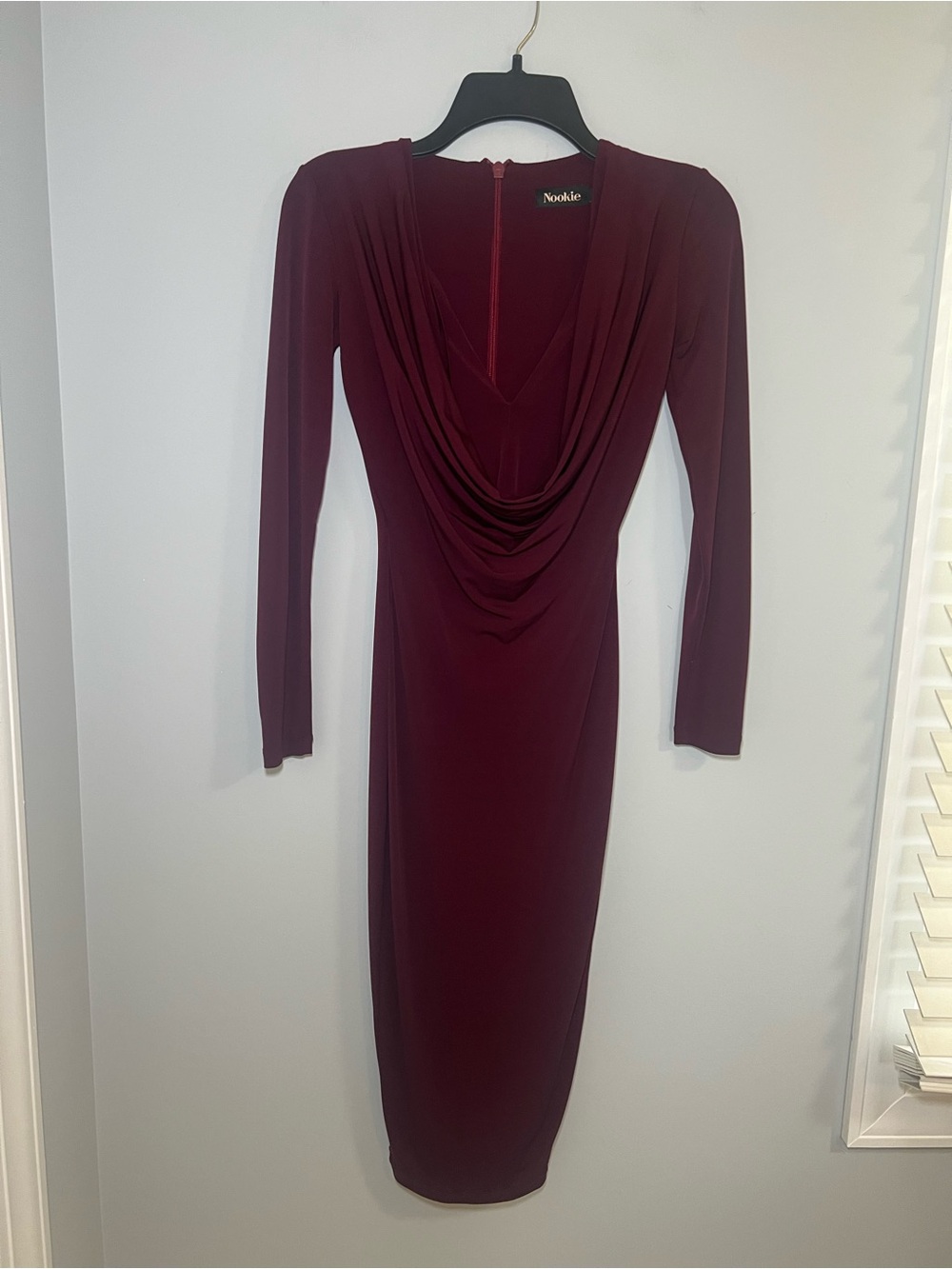 Nookie Draped Cowl Neck Midi Wine Red Dress Size S